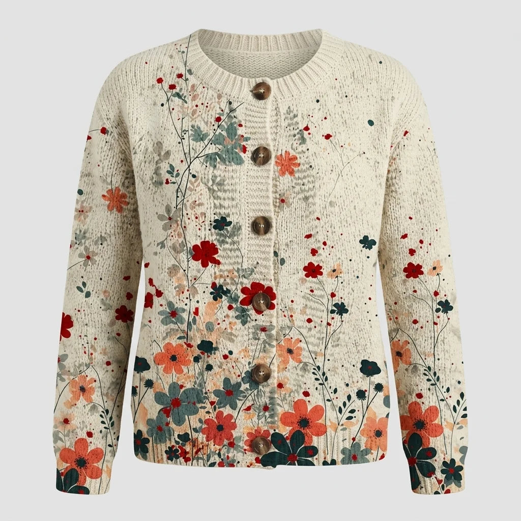 Vintage Flower Art Print Buttoned Cardigan