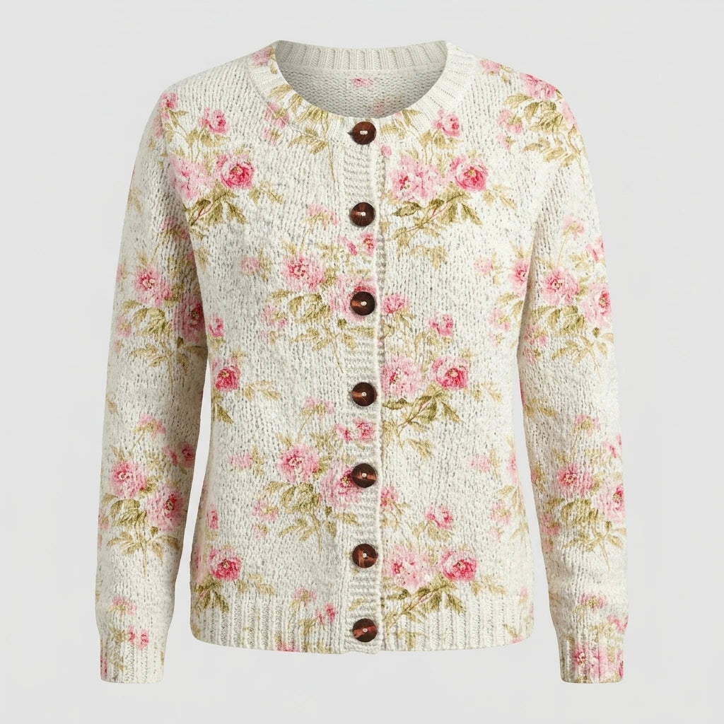Flowers & Leaves Print Buttoned Cardigan