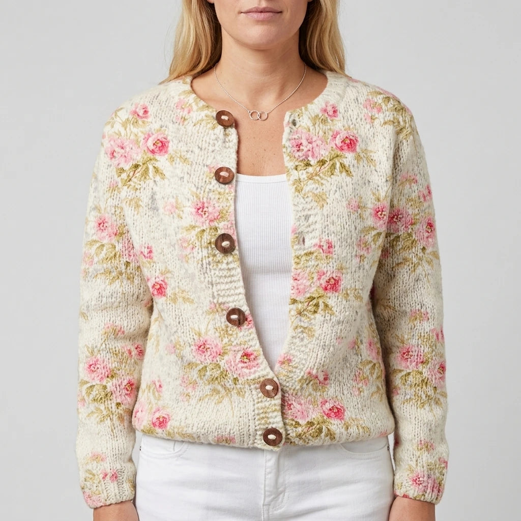 Flowers & Leaves Print Buttoned Cardigan