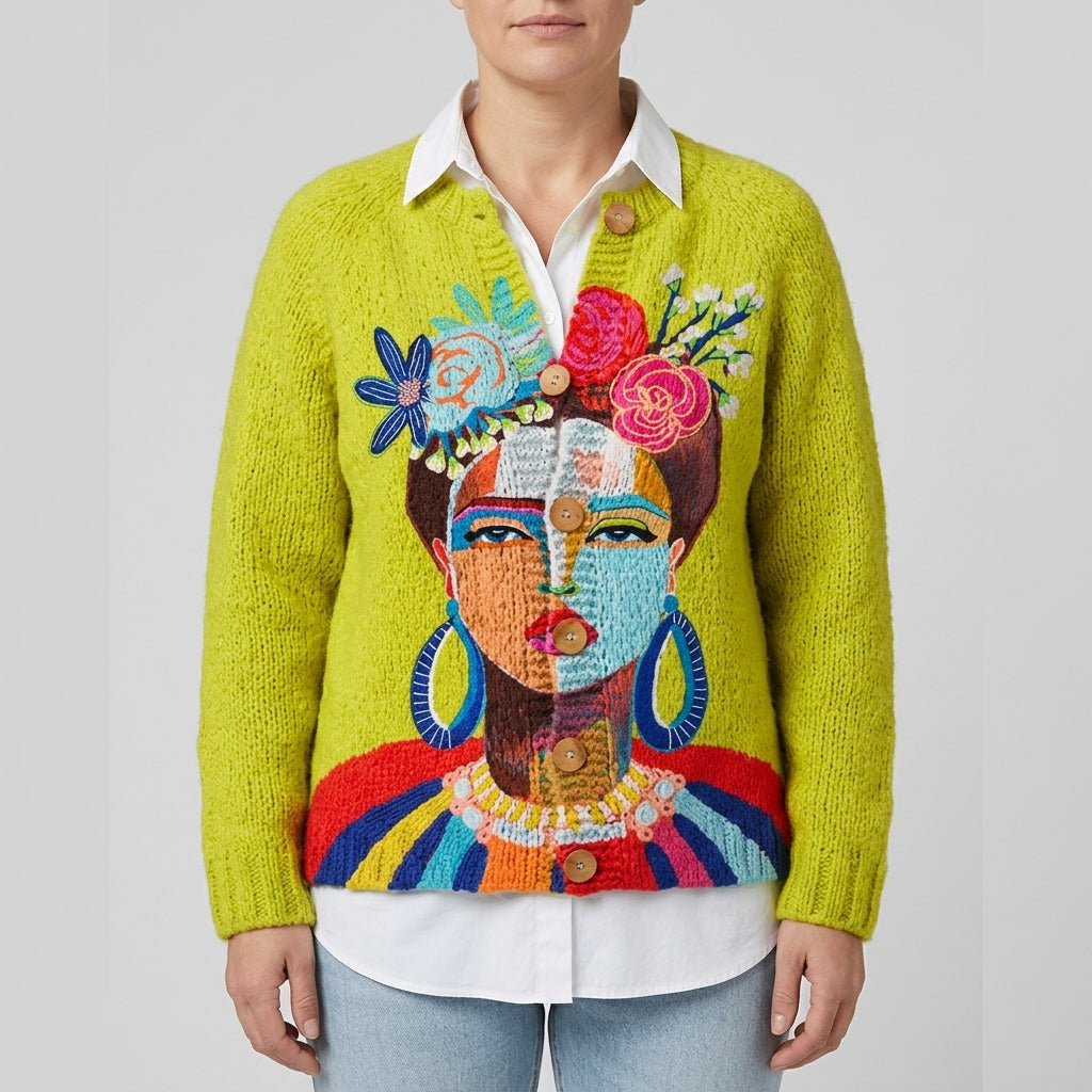 Painting Portrait Art Printed Buttoned Cardigan