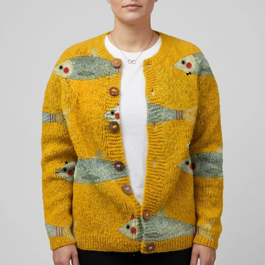 Vintage Fish Sardines Art Print Buttoned Cardigan