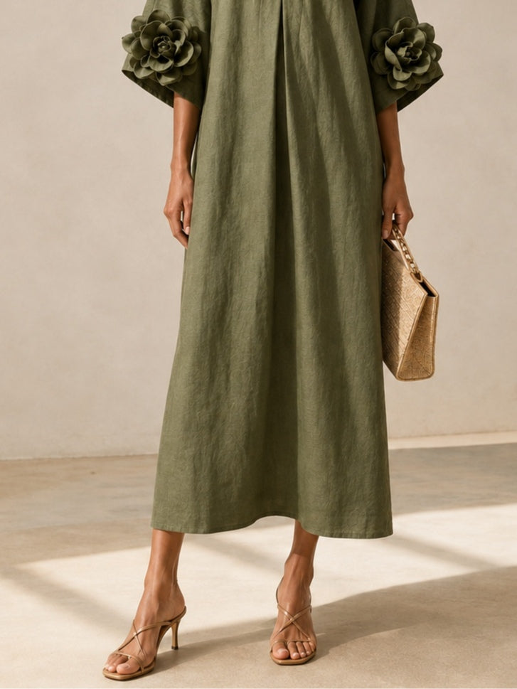 Livia | Olive Green Midi Dress with V-Neck and Original Floral-Print Sleeves
