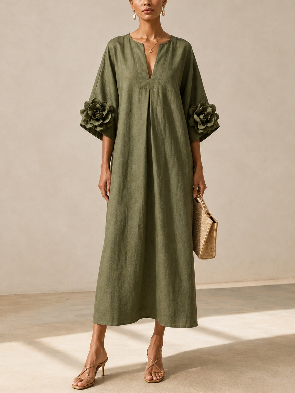 Livia | Olive Green Midi Dress with V-Neck and Original Floral-Print Sleeves