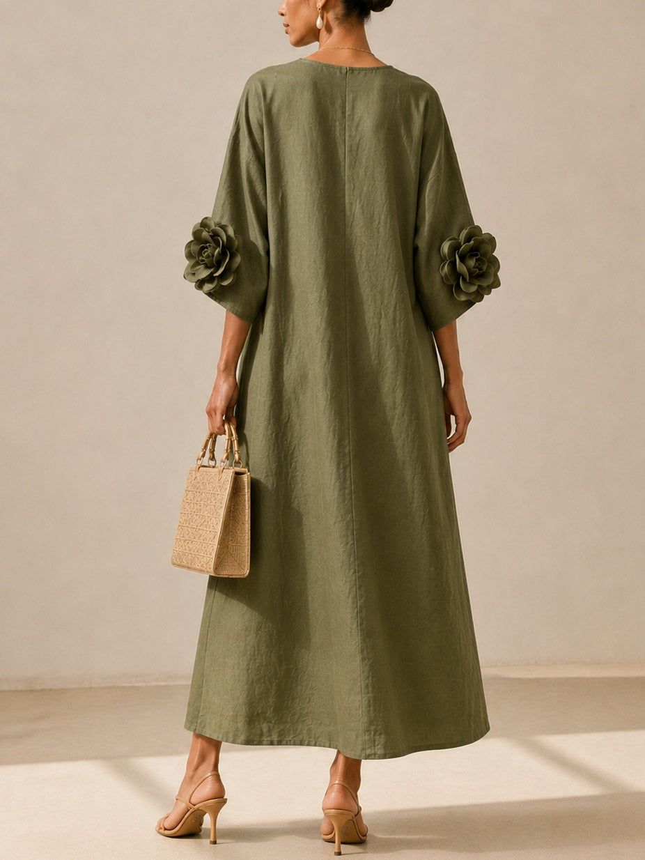 Livia | Olive Green Midi Dress with V-Neck and Original Floral-Print Sleeves